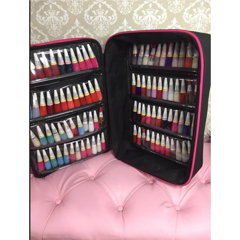 Maleta Mochila P/manicures Para até 90 Esmaltes Mala Bolsa PRETA COM PINK