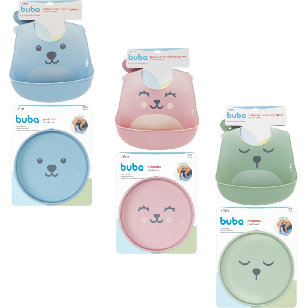 Kit refeição Prato Sem divisória + Babador pega migalhas em silicone - Buba