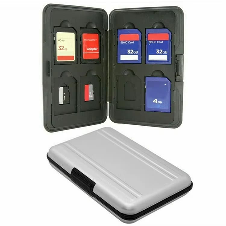 Case Porta Cartão Memória SD Micro SD Alumínio Prata 8 SD + 8 Micro SD Organizador