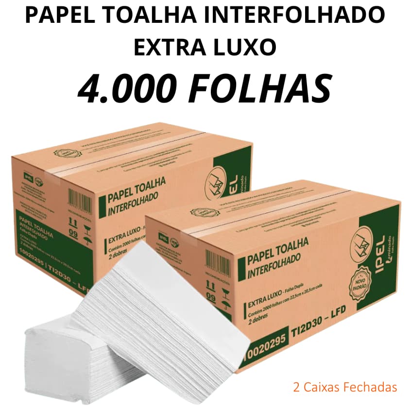 Papel Toalha Interfolhado Extra Luxo Folha Dupla Ipel - 2 CAIXAS FECHADA | 4.000 FOLHAS