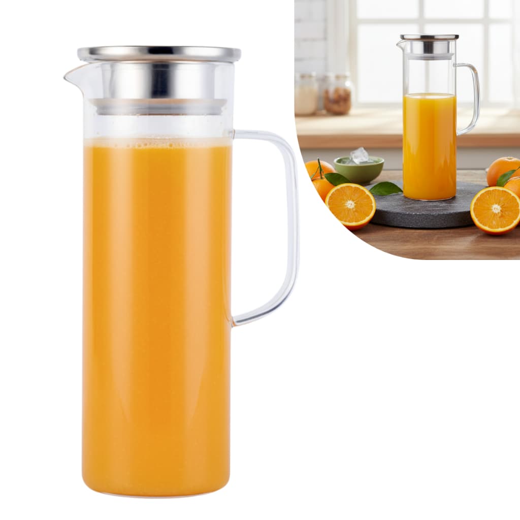 Jarra de Vidro 1L Elegante Tampa Inox p/ Sucos Água Chás Design Moderno Resistente Cozinha