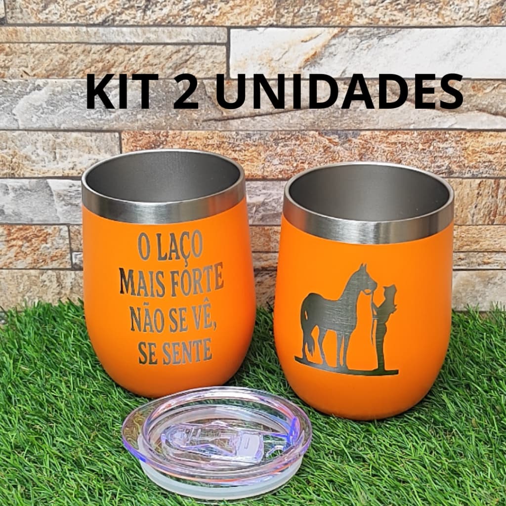 kit 2 COPOS TERMICOS CUIA 350ML GRAVADOS A LASER DOS DOIS LADOS TEMA: CAVALO E MOÇA \ FRASE COM TAMPA DE ACRILICO