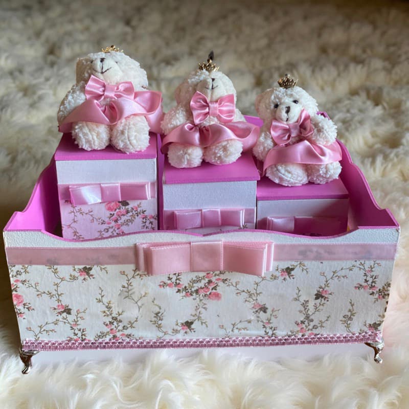 Bandeja com 3 Potes ursinha princesa kit de higiene bebê menina