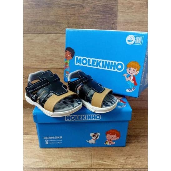 sandalia papete molekinho velcro tiras marinho e caramelo infantil