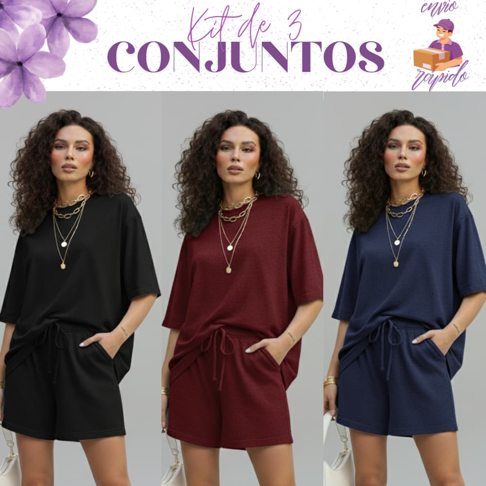 Kit com 3 Conjunto Short Alfaiataria e Blusa modelo Over