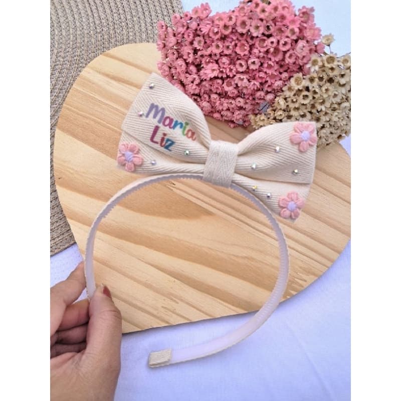 Tiara Personalizada com Nome, Tiara Infantil, Fita Algodão Cru, Tiara