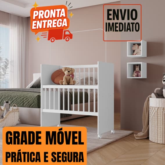 BADSIDE Mini Berço Portátil *GRADE MOVEL* - Colchão, Rodinhas e Varão Mosqueteiro - ALEGRIA