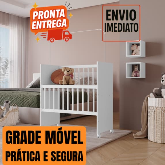 BADSIDE Mini Berço Portátil Alegria GRADE MOVEL - Colchão, Rodinhas e Varão Mosqueteiro