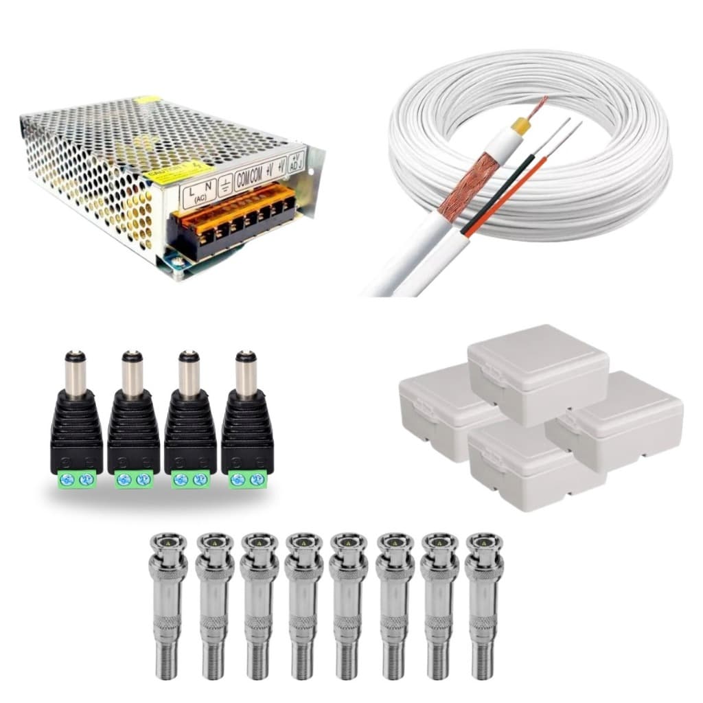 Kit Instalação Câmeras Segurança 4 Canais Cabo Coaxial + Fonte + Conectores + Caixas Passagem
