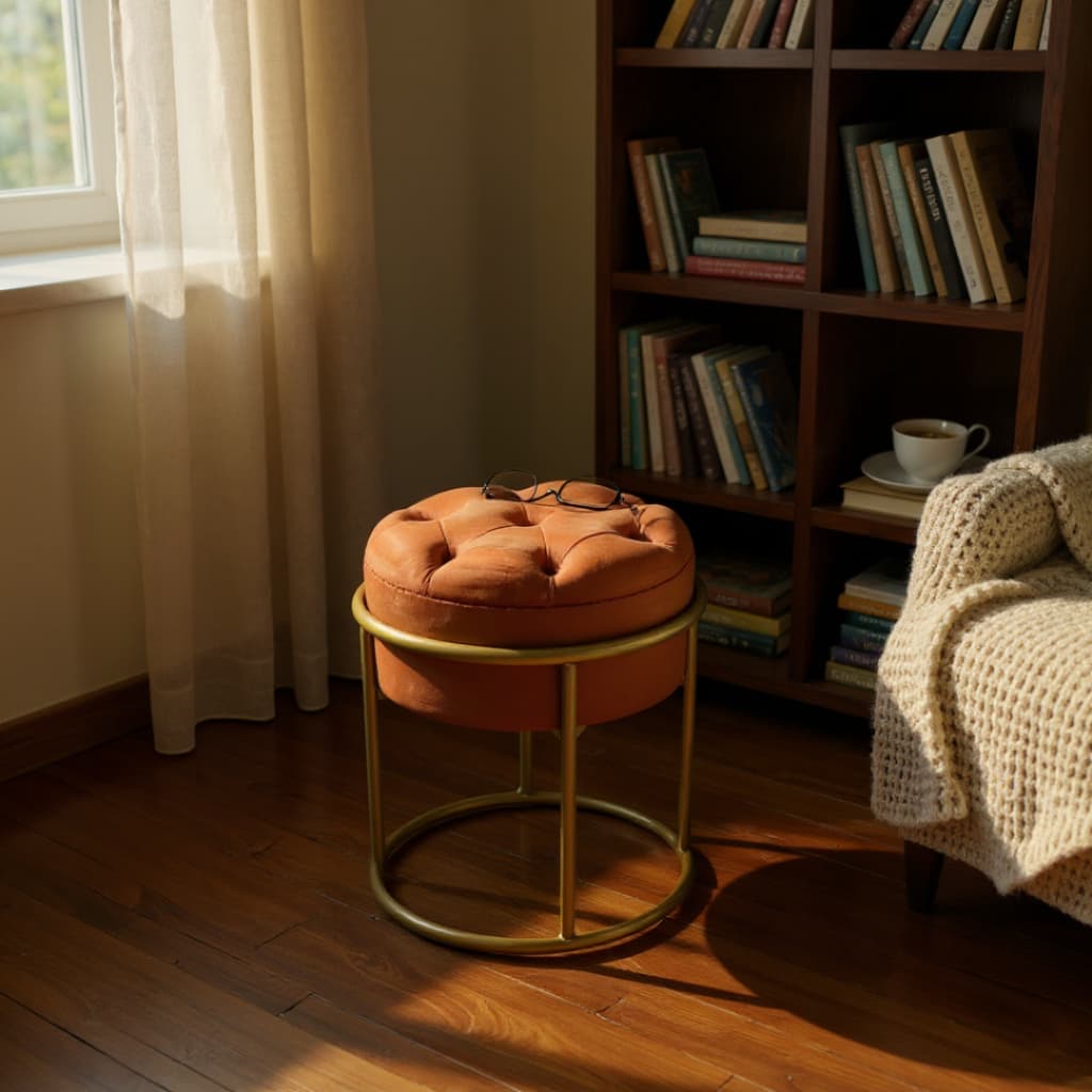 Puff Banqueta Decoração Sala Quarto Argola Industrial Em Tecido De Veludo Capitone