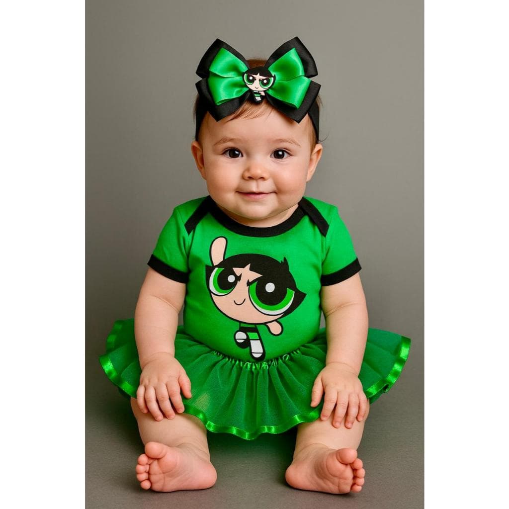 Body Temático para bebê Docinho Body Super Poderosas Verdinha Fantasia para bebê Roupa mesversário menina Body de Menina