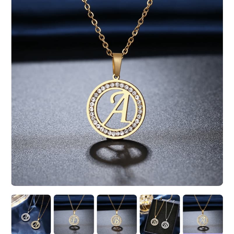 Colar Corrente Pingente Letra Nome Luxo – Aço Inox com Círculo de Pedras Dourado ou Prateado.