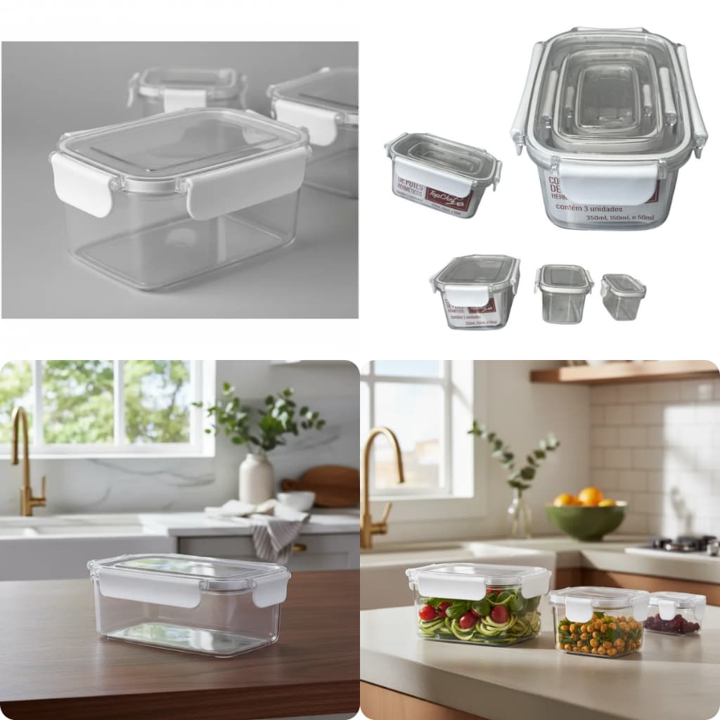 Kit 3 Potes Hermeticos Retangulares Organizadores Conservacao Alimentos Vedacao Segura Organização Cozinha Alimentos Lar