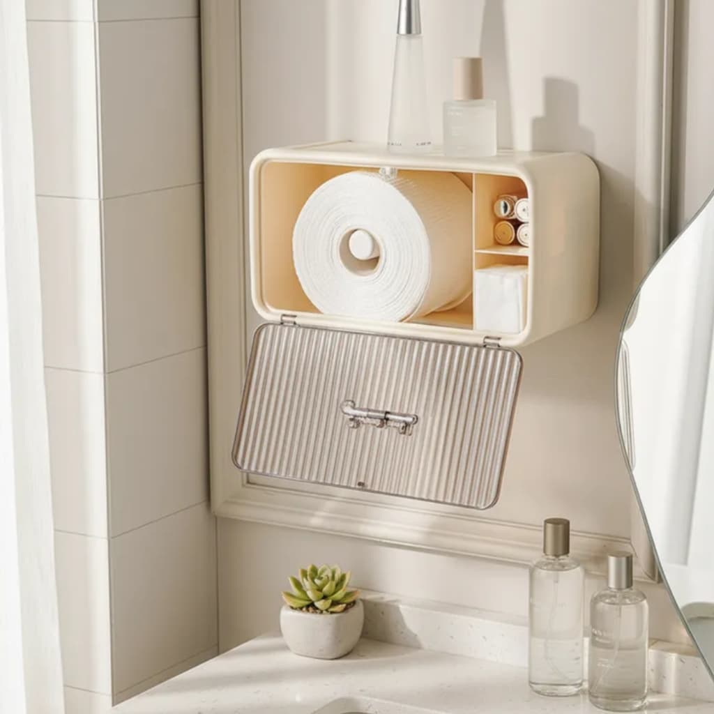 Organizador Banheiro Arrumado Porta Papel Objetos Prateleira Celular Creme Compacto Funcional Organizador Pratico Lavabo