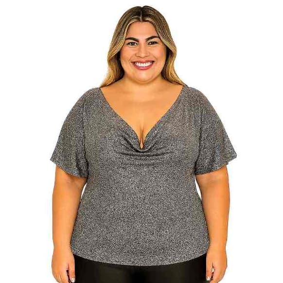 Blusa Plus Size Lurex Brilho Gola Caída Elegante Noite Festa GG G1 G2 G3 G4 Envio Imediato Com Elastano Moda Feminina