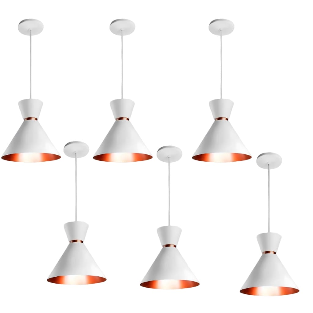 Pendente Luxo Kit6 Branco Cobre Design Luminária Elegante Sala Jantar Cozinha Decoração Bivolt E27