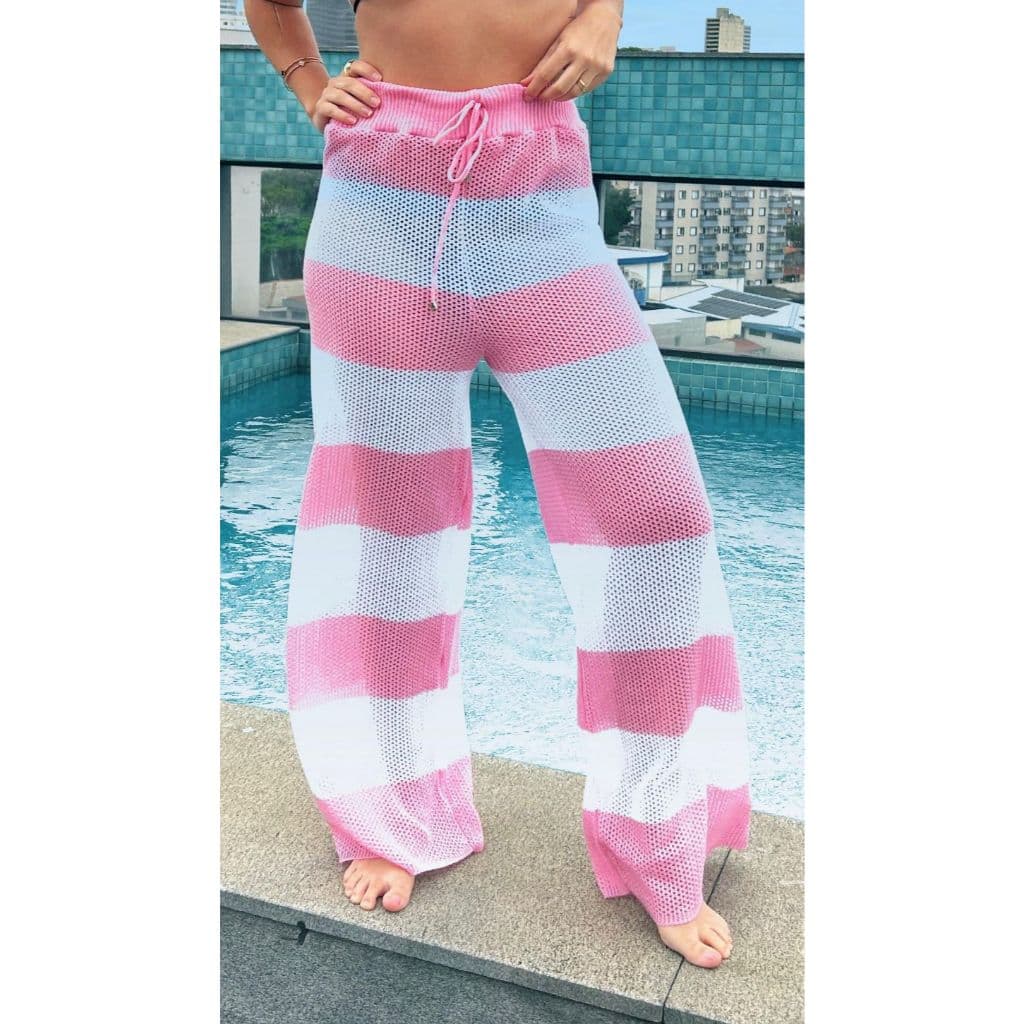 Calça Saída de Praia Tricot Listras Grossas Cordão Ajustável na Cintura Furadinha Lançamento Verão
