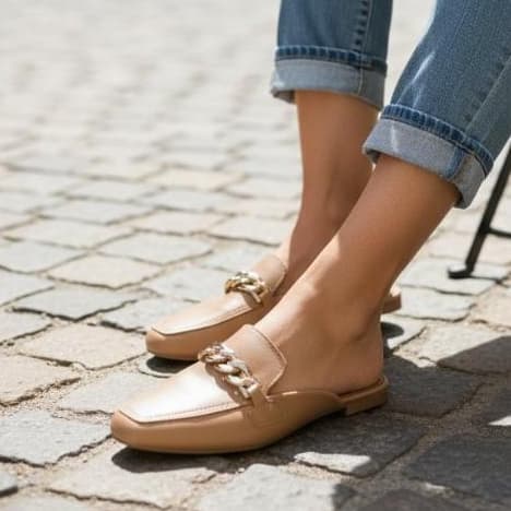Mule Feminino Elegante Palmilha Macia Bico Quadrado Com Corrente Nude, Preto,Pink Confortável