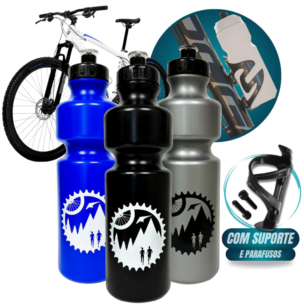 Kit 2 Garrafa Caramanhola Para Bicicleta Bike Squeeze Agua 750ml + Suporte Garrafinha + Parafusos