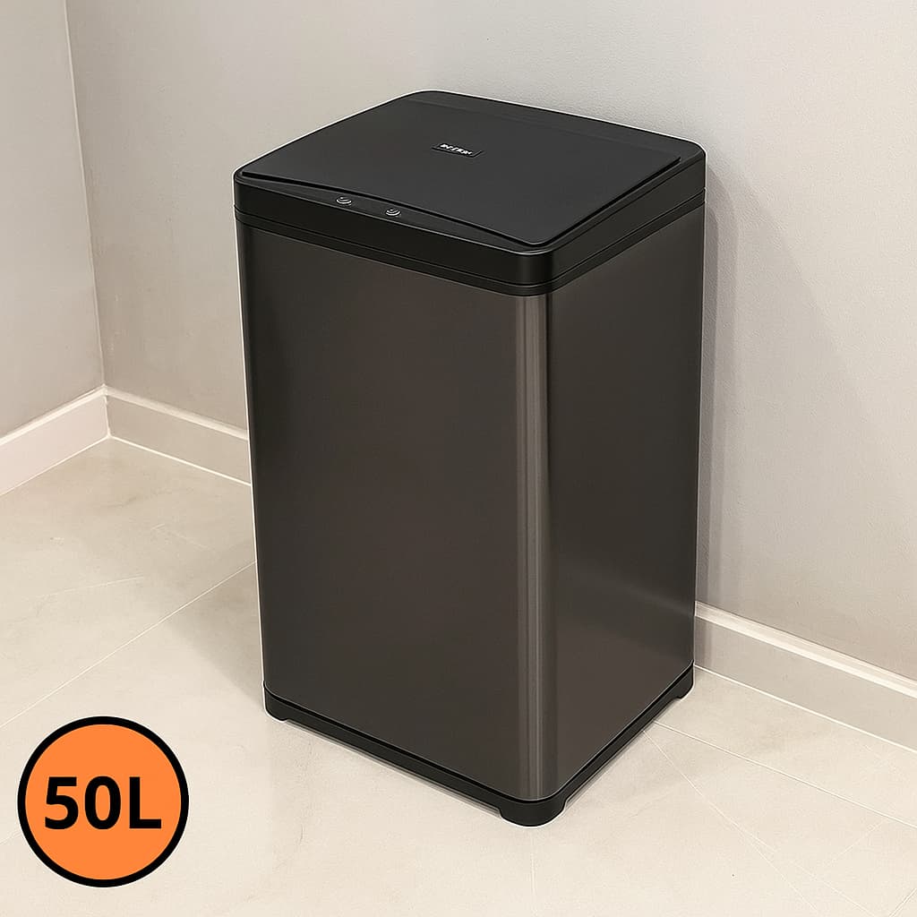 Lixeira preta aço inox 50L Sensor Automático Inteligente Lixo Casa Banheiro Cozinha Escritório