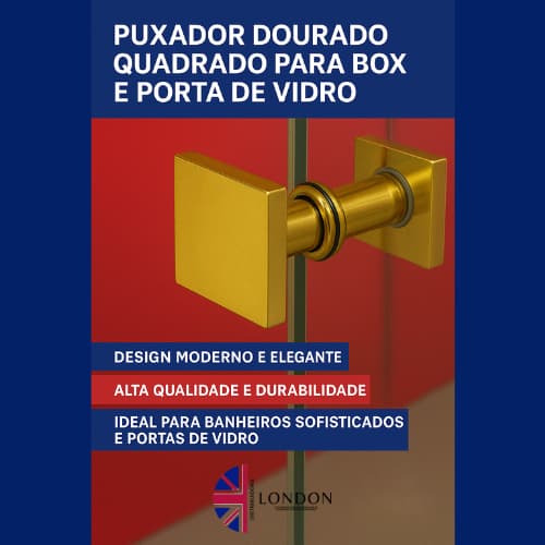 Puxador London Quadrado Dourado Box e Porta de Vidro de Correr 1 Furo  50mm