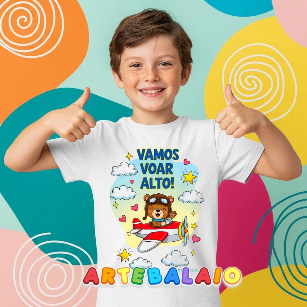 Camiseta Infantil ArteBalaio Motivacional Ursinho Aviador Vamos Voar Alto! MIM 0005