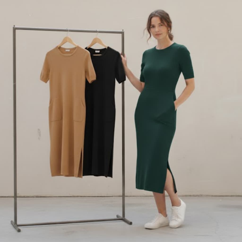 Vestidos Midi Feminino algodão Penteado de Manga Curta Com Fenda Lateral Tubinho Basica Casual