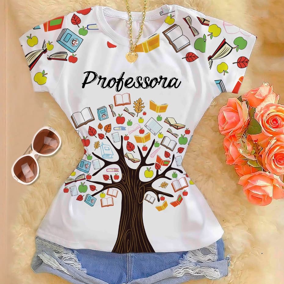 T-shirt Blusa Feminina Premium Estampada Árvore Áreas da Educação Uniforme Escolar