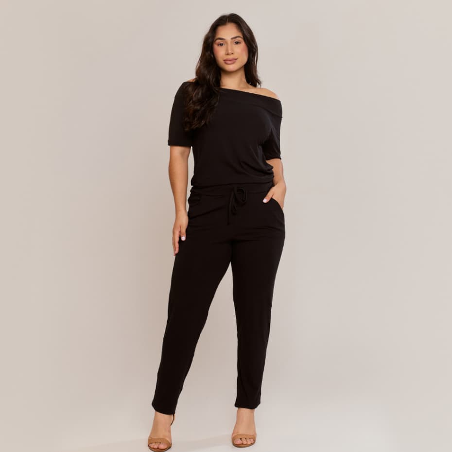Macacão Feminino Longo em Viscolycra Ombro a Ombro com Amarração Bolsos Casual Elegante Confortável