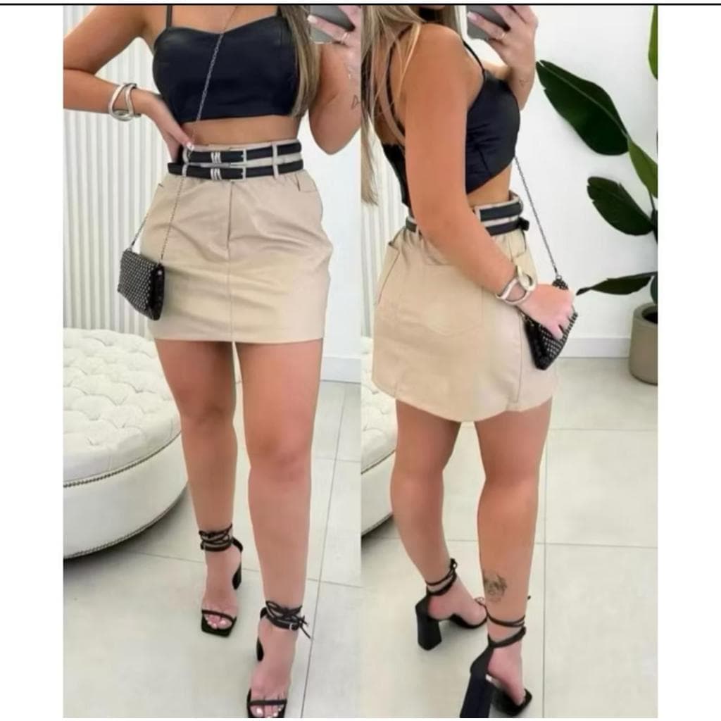 shorts saia de couro sintetico com 2 cintos moda gringa