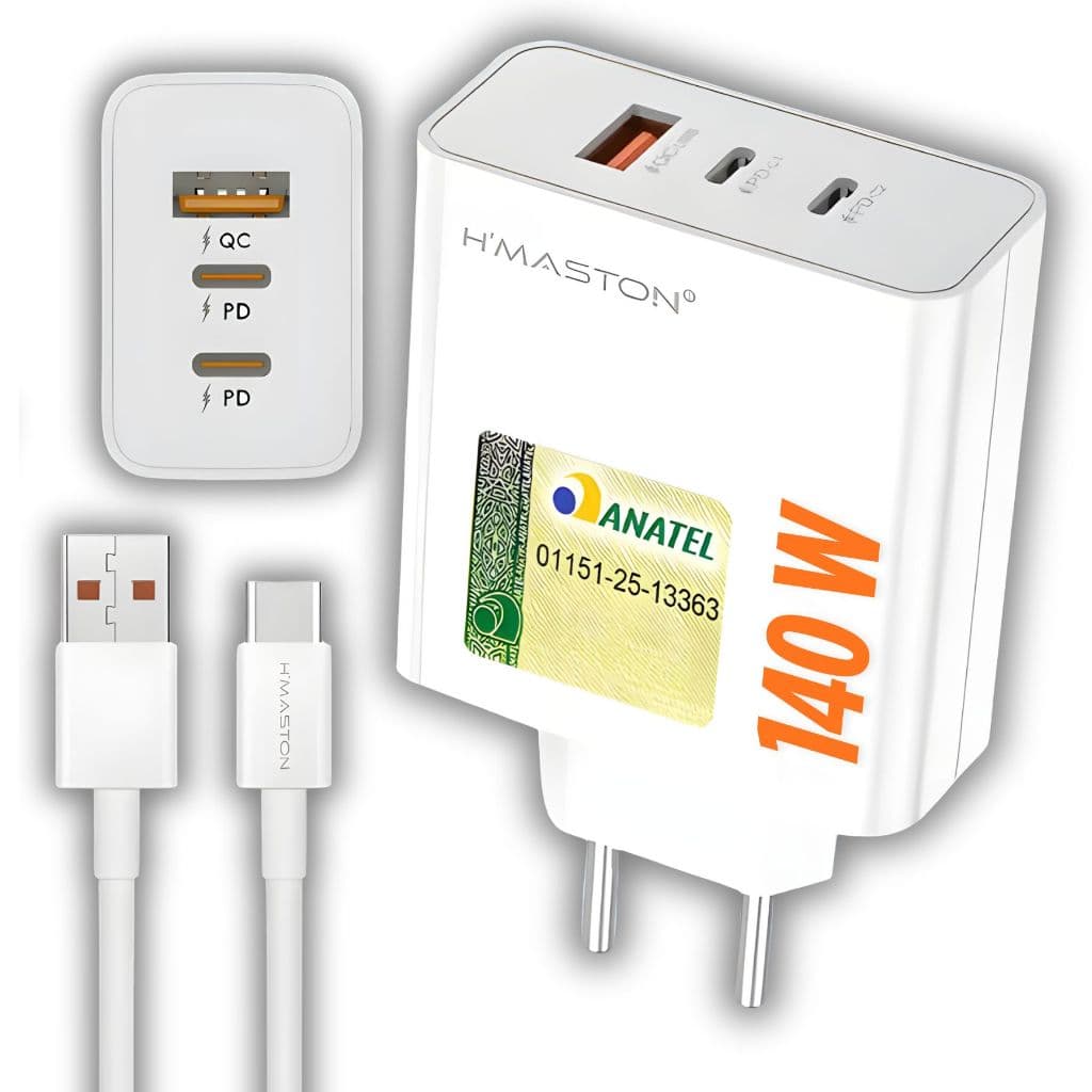Fonte Carregador Turbo Super Rápido 140w Cabo Tipo C Usb Celular Notebook Tomada