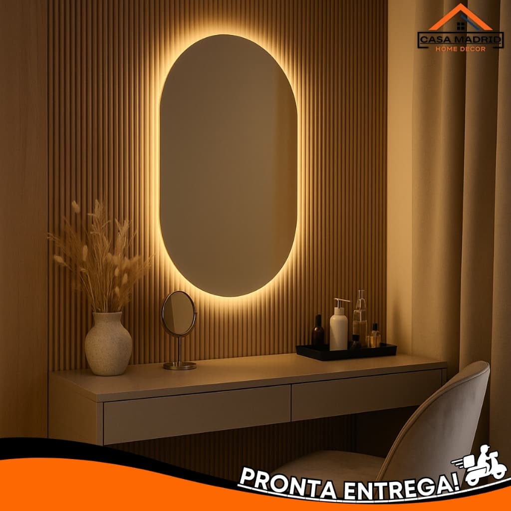 Espelho Grande com LED Quente e Frio Para Banheiro Closet Hall - Com Kit Instalação e Fonte 12v