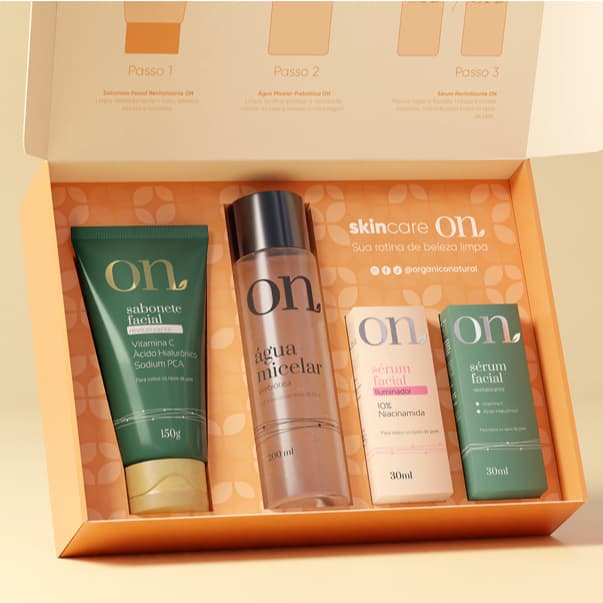 Kit Skincare ON 4 passos - Sérum Iluminador + Sérum Revitalizante + Sabonete Facial  Água Micelar ON
