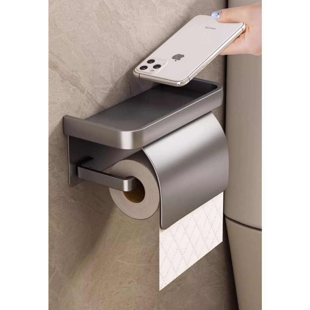Porta Papel Higiênico Inox Com Prateleira Para Celular e Objetos Lenços De Parede Organizador