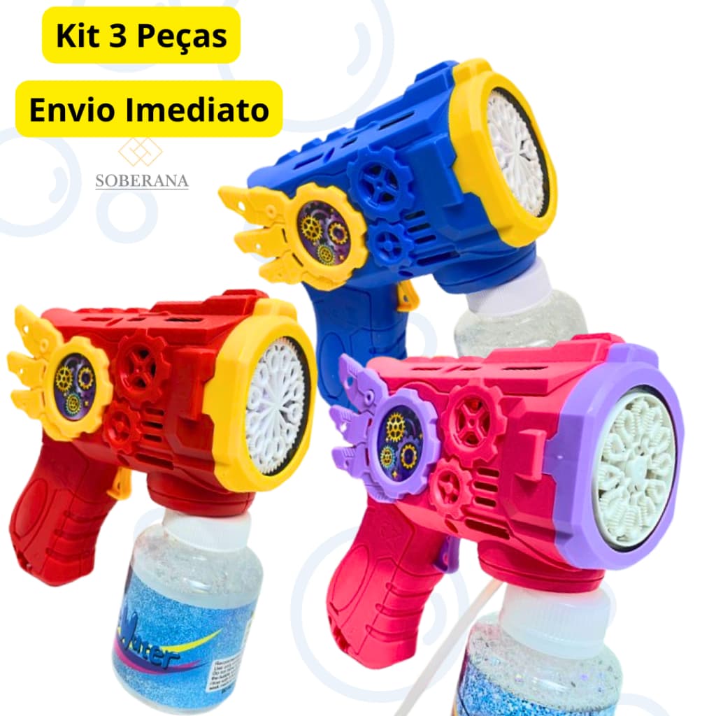 Kit 3 Máquina Lança Bolhas de Sabão Colorido Infantil - Arminha Led Automática