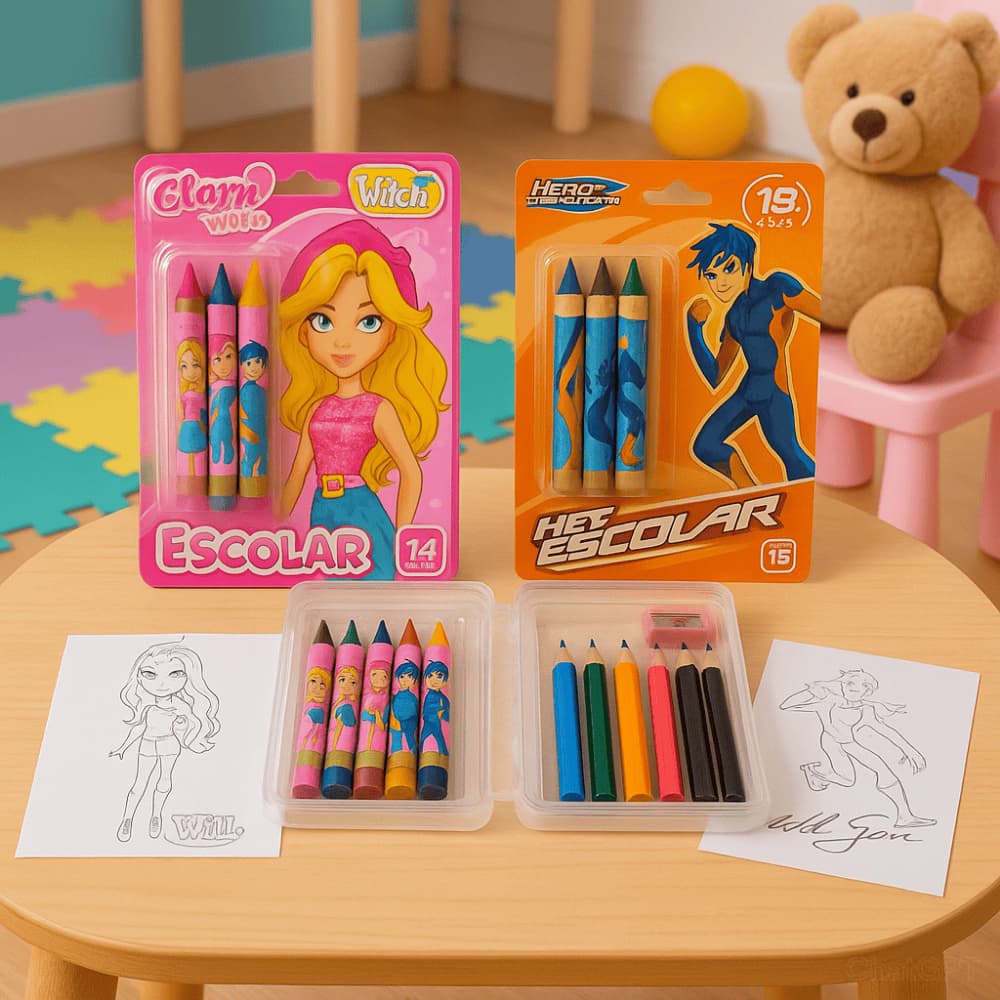 Estojo com Lápis e Giz de Cera Infantil Escolar 18 Peças Kit de Desenho e Pintura