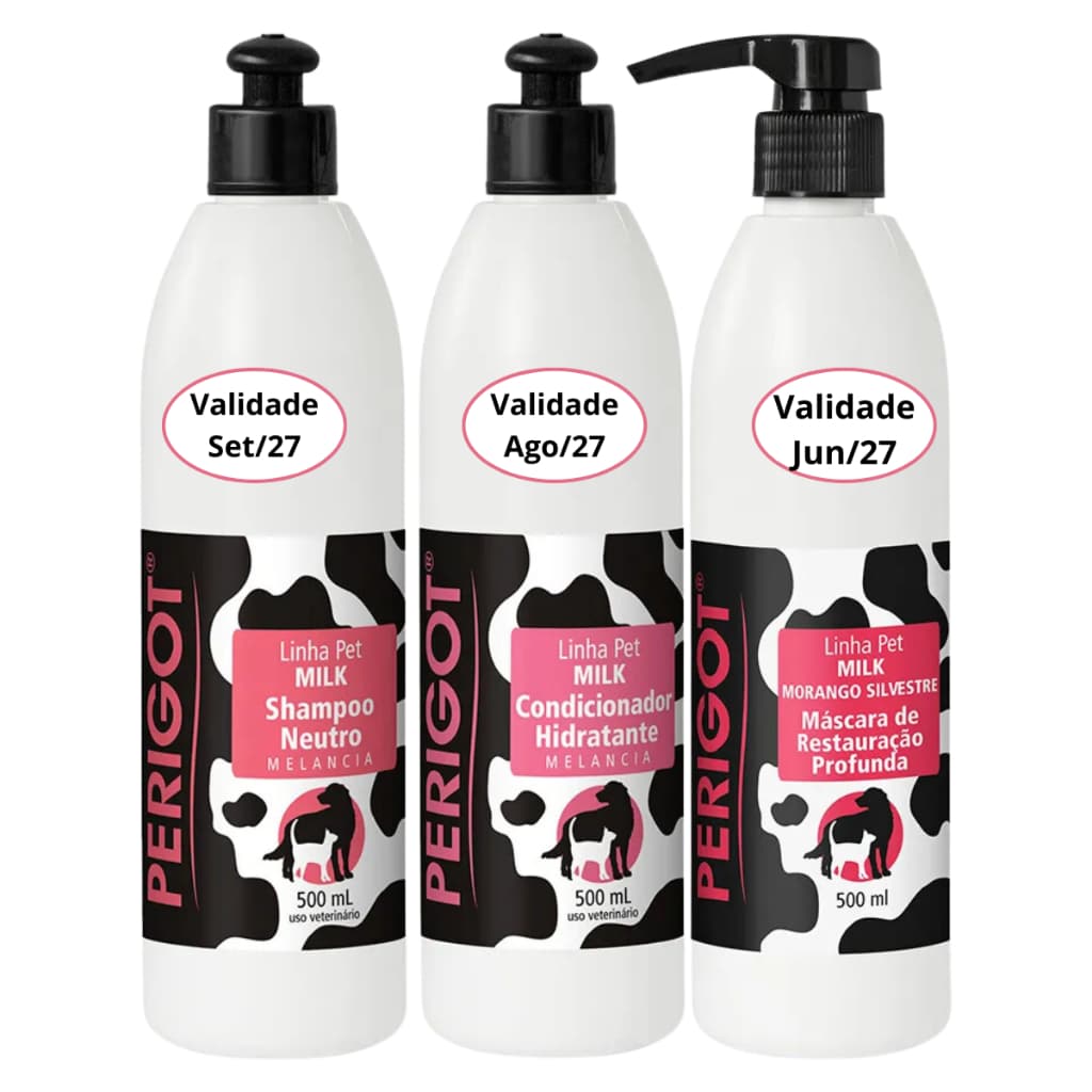 Kit Shampoo e Condicionador Melancia e Máscara Morango 500ml Perigot Pet Cães Gatos