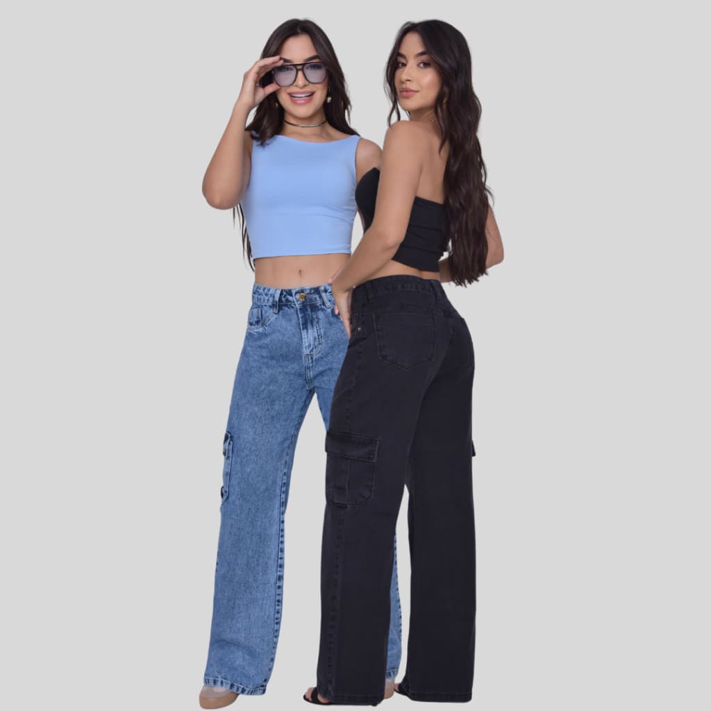 KIT 2 Calça Cargo Feminina Jeans com Bolsos Laterais 100% Algodão Wide Leg