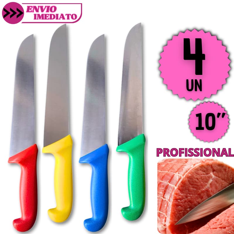 Kit 4 Facas Profissionais 10” Inox Corte Preciso Açougue Churrasco Cozinha Cabo Colorido