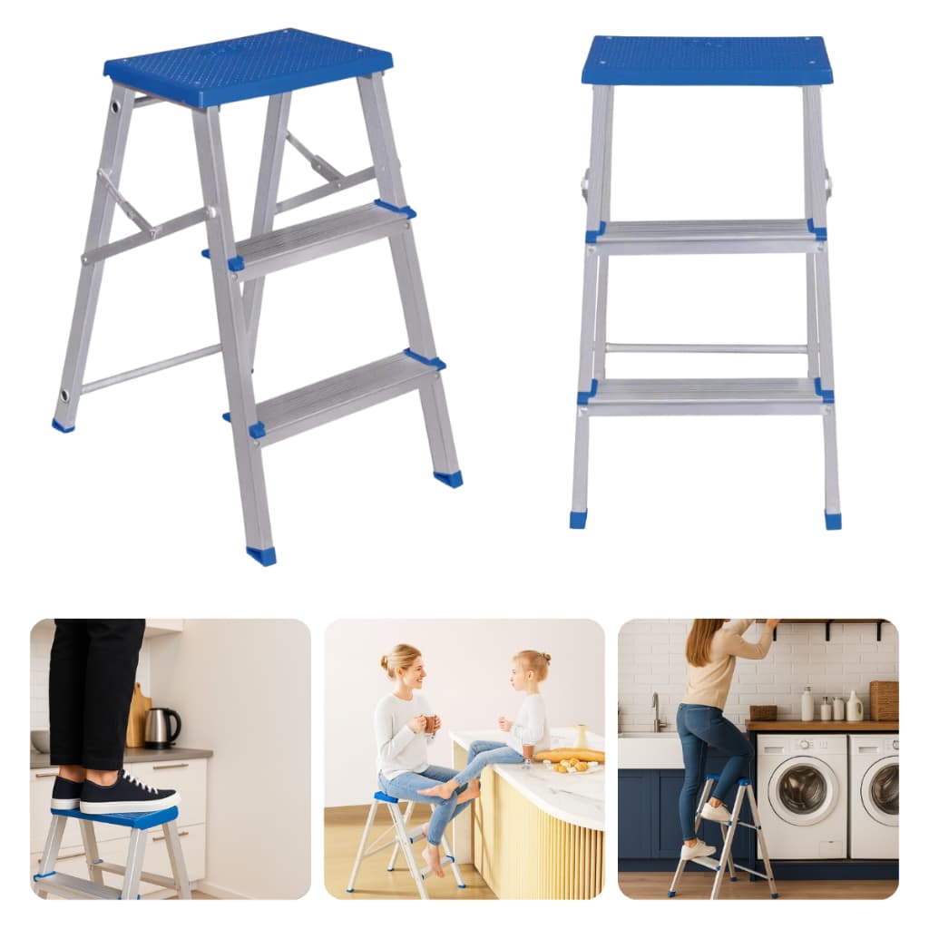 Escada Banqueta De Alumínio Dobrável Mor Cor Azul 3 Degraus + Patamar Com Trava De Segurança