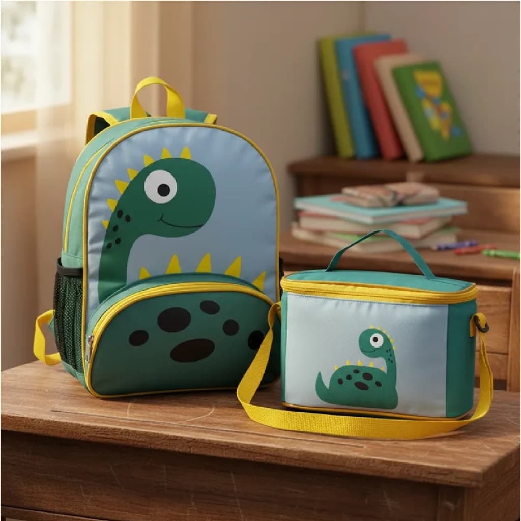 Kit Mochila Infantil 12L + Lancheira Térmica Escolar 4,8L Animais Dinossauro Verde Gato Preto Rosa