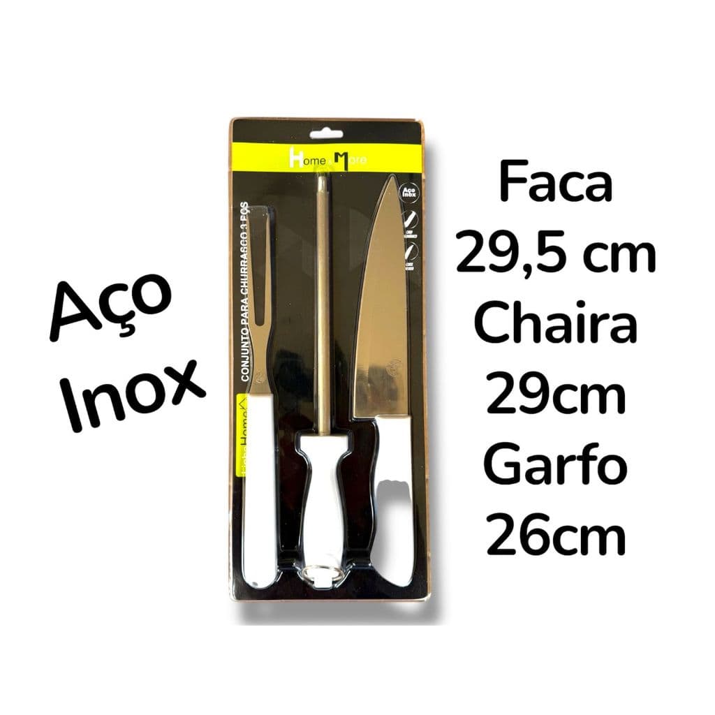 Kit Churrasco 3 Peças Com Faca Garfo Chaira Profissional Aço Inox Alta Qualidade Cachaira amolador kit completo
