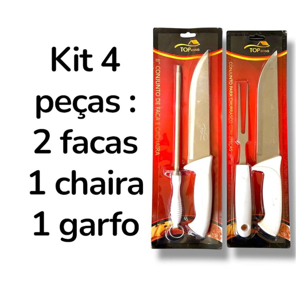Churrasco Kit 4 Peças  Faca Açougueiro Chaira Amolador Afiador Aço Inox Assador Profissional, Faca Cozinha Area Gourmet