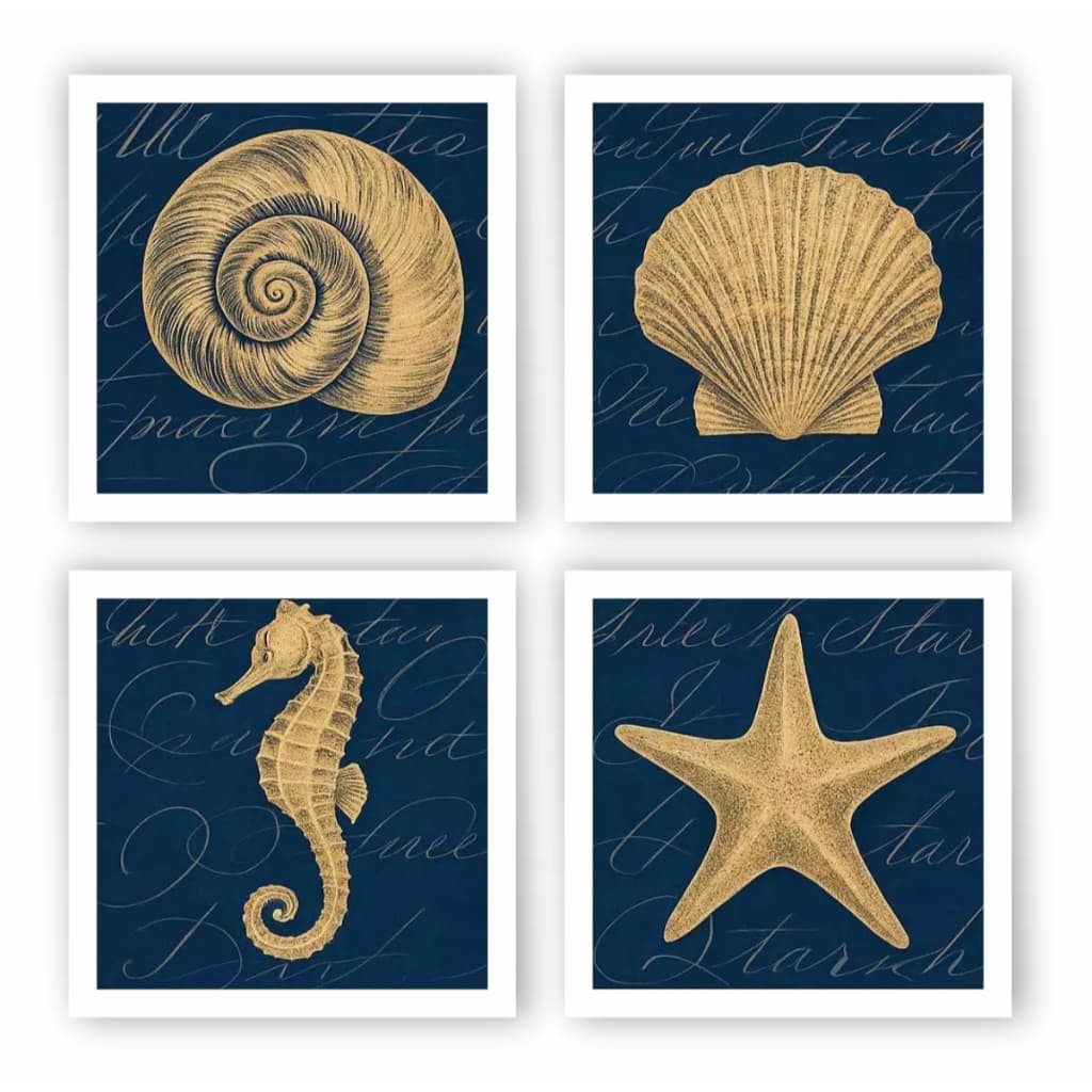 Kit 4 Quadros Decorativos Mar Concha Praia Azul Marinho