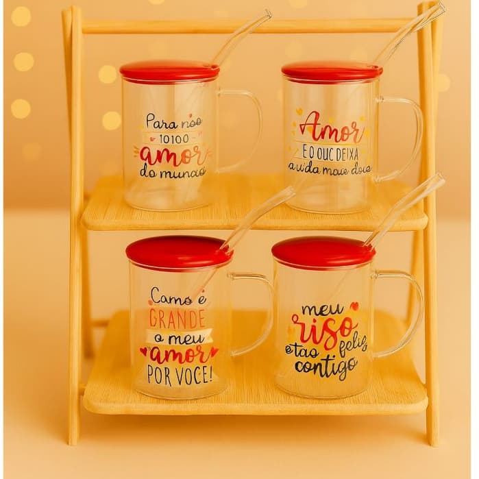 CANECA VIDRO BOROSSILICATO COM TAMPA CERÂMICA CANUDO VIDRO DECORATIVA PRESENTE NAMORADO