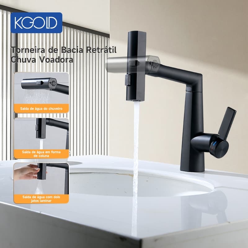 Torneira Retrátil 360° KGOLD Monocomando Preto Luxo Com Água Quente e Fria