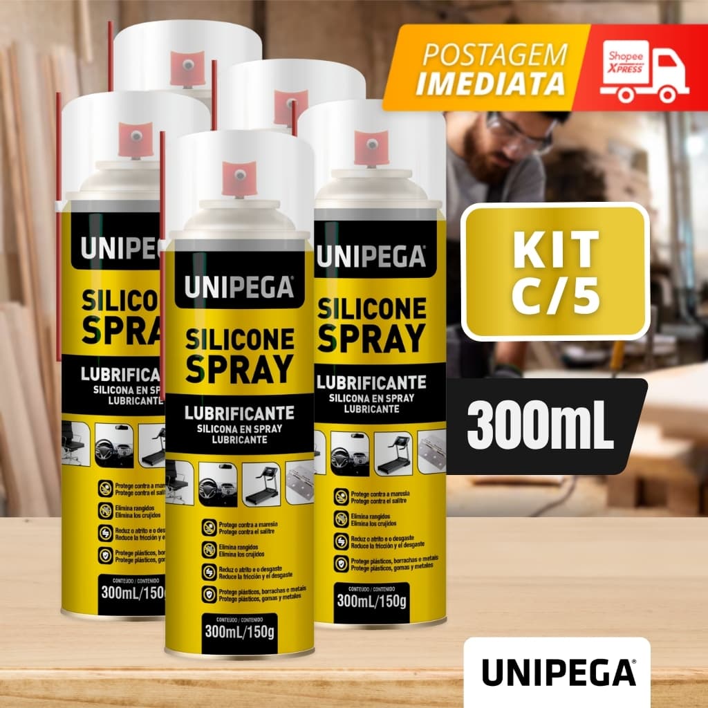 Kit 5 Silicone Spray Lubrificante 300ml Unipega Multiuso Protege Elimina Brilho Couro Carro Banco