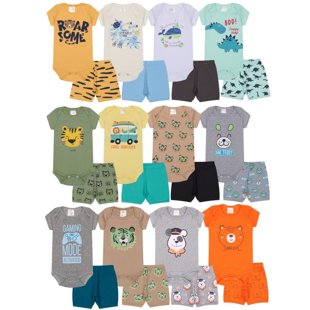 kit 12 peças body curto + shorts tapa fralda menino - Roupa para Bebê Promoção