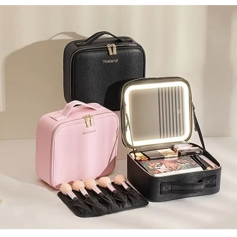 Maleta de Maquiagem Necessaire De Couro Com Espelho Led
