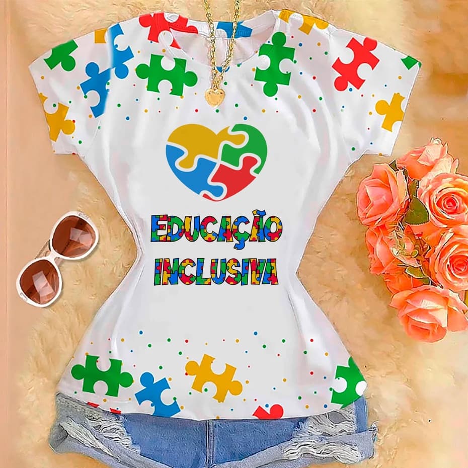 Tshirts Feminina Premium Blusa Estampada Educação Inclusiva Uniforme P ao G2